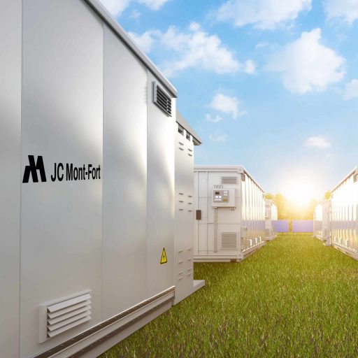 3d rendering group of energy storage systems or battery container units alley on field